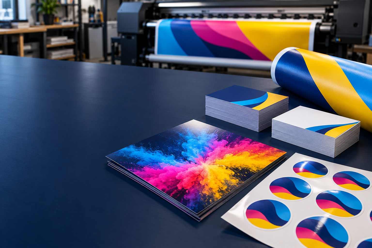 Materiais gráficos coloridos em uma gráfica